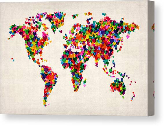 Love Hearts Map of the World Map #1 Canvas Art Print by Michael Tompsett