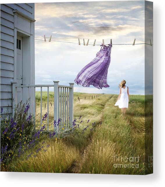 Summer dress blowing on clothesline with girl walking down path #3 Canvas Art Print by Sandra Cunningham