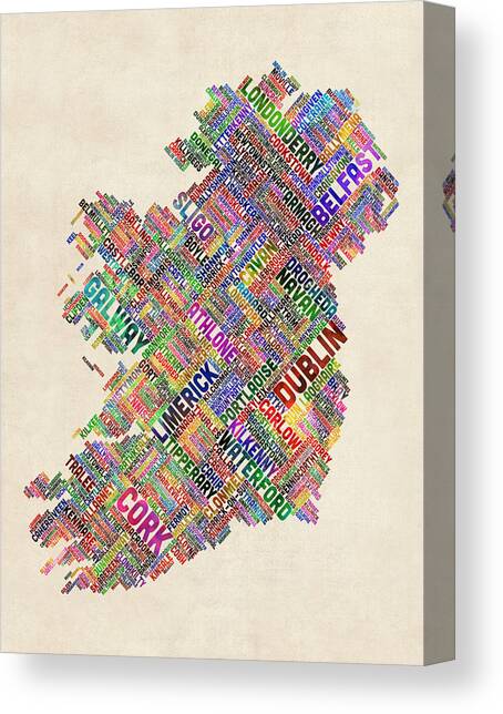 Ireland Eire City Text Map #19 Canvas Art Print by Michael Tompsett