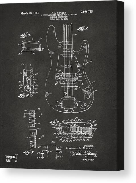 1961 Fender Guitar Patent Artwork - Gray Canvas Art Print by Nikki Marie Smith