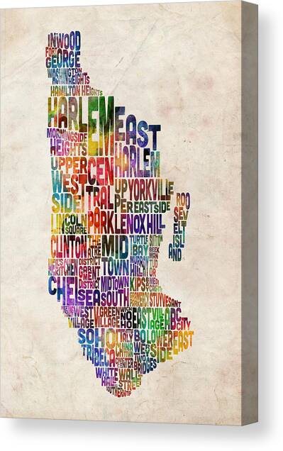 Manhattan New York Typographic Map #2 Canvas Art Print by Michael Tompsett