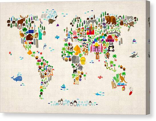 Animal Map of the World for children and kids Canvas Art Print by Michael Tompsett