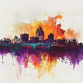 Baton Rouge Louisiana Skyline Watercolor Cityscape with Sunset Reflection by Clark Leffler
