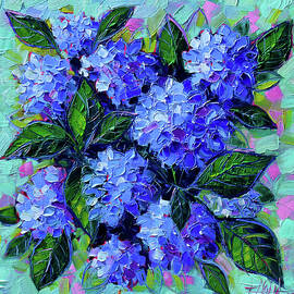 BLUE HYDRANGEAS - ABSTRACT FLORAL COMPOSITION oil painting by Mona Edulesco