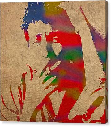 Bob Dylan Watercolor Portrait On Worn Distressed Canvas Canvas Print