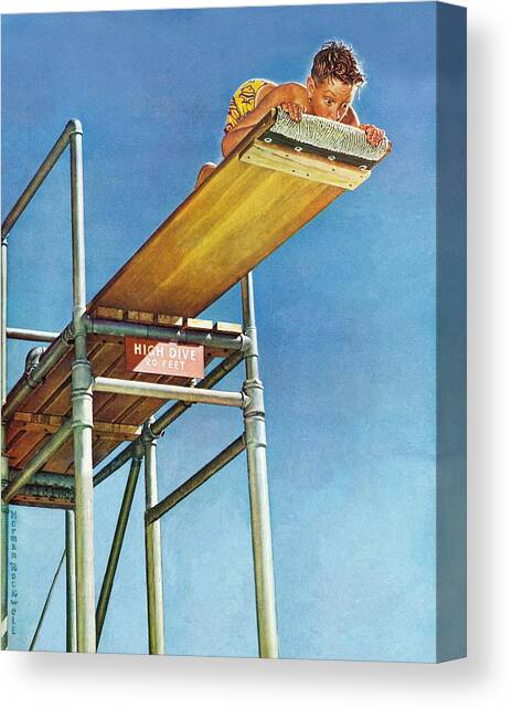 Boy On High Dive Canvas Art Print by Norman Rockwell