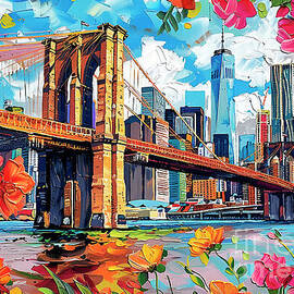 Brooklyn Bridge and New York City Skyline with Flowers Brooklyn Manhattan York Bridge New Skyscrapers Brooklyn by Clark Leffler