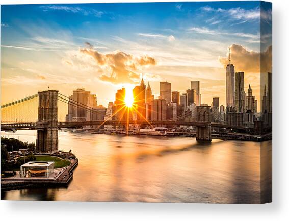 Brooklyn Bridge and the Lower Manhattan skyline at sunset Canvas Art Print by Mihai Andritoiu