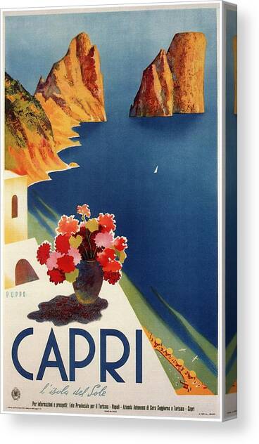 Capri Island, Bay of Naples, Italy - Retro travel Poster - Vintage Poster Canvas Art Print by Studio Grafiikka
