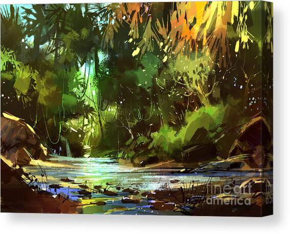 Cascades In Forest Canvas Art Print by Tithi Luadthong