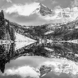 Center Panel 2 of 3 - Maroon Bells Mountain Landscape Panoramic BW - Aspen Colorado by Gregory Ballos