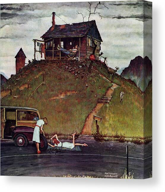 Changing A Flat Canvas Art Print by Norman Rockwell