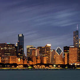 Chicago Skyline at Night Color Panoramic by Adam Romanowicz