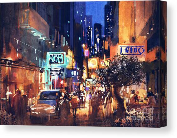 Colorful Night Street Canvas Art Print by Tithi Luadthong