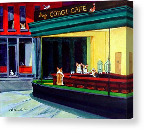 Corgi Cafe after Hopper Canvas Art Print by Lyn Cook