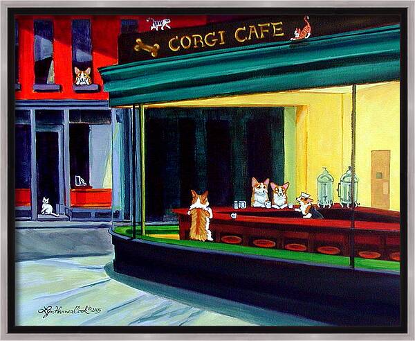 Corgi Cafe After Hopper Framed Canvas Print