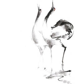 Dancing cranes japanese artwork by Mariusz Szmerdt