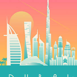Dubai City Skyline Retro Art Deco Tourism - Morning by Organic Synthesis