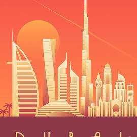 Dubai City Skyline Retro Art Deco Tourism - Sunset by Organic Synthesis