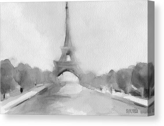 Eiffel Tower Watercolor Painting - Black and White Canvas Art Print by Beverly Brown Prints