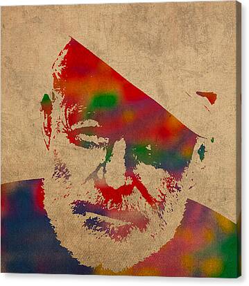 Ernest Hemingway Watercolor Portrait On Worn Distressed Canvas Canvas Print