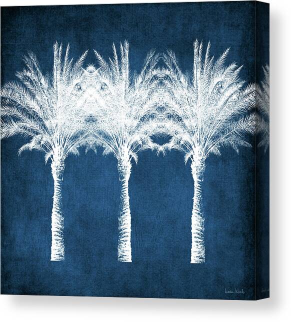 Indigo And White Palm Trees- Art by Linda Woods Canvas Art Print by Linda Woods