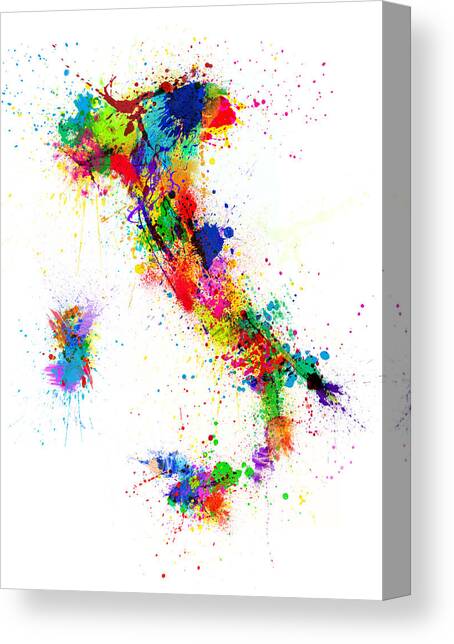 Italy Map Paint Splashes Canvas Art Print by Michael Tompsett