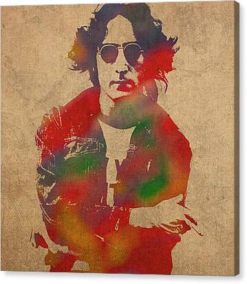 John Lennon Watercolor Portrait On Worn Distressed Canvas Canvas Print