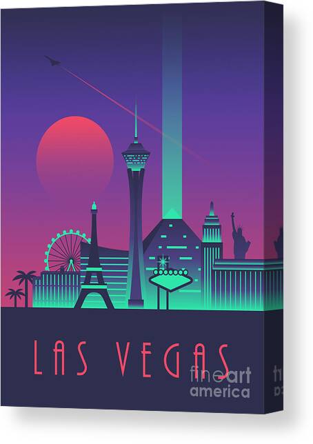 Las Vegas City Skyline Retro Art Deco - Night Canvas Art Print by Organic Synthesis