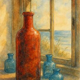  Maine Inspired Watercolor  Aged Red Bottle and Ocean View Through Blown Glass Window by Bob Orsillo Studio d'artista