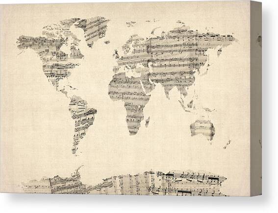Map of the World Map from Old Sheet Music Canvas Art Print by Michael Tompsett