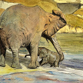 Mom and cub elephants having a bath by Juan  Bosco