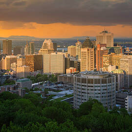 Montreal Sunset Skyline from Mount Royal Golden Hour Cityscape View Fine Art Wall Print by Yves Gagnon