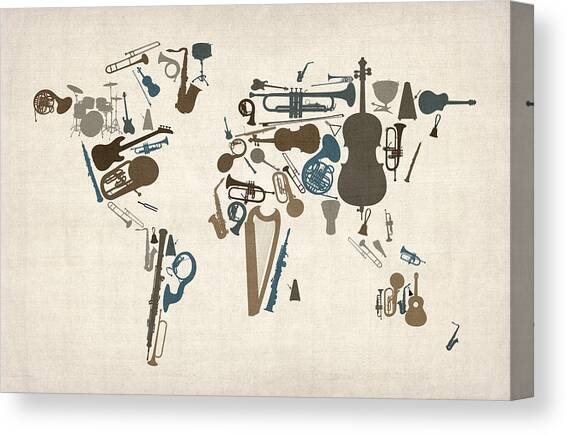 Musical Instruments Map of the World Map Canvas Art Print by Michael Tompsett