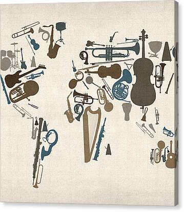 Musical Instruments Map Of The World Map Canvas Print