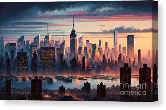 New York City Skyline, The Manhattan skyline with iconic skyscrapers at dusk Canvas Art Print by Jeff Creation