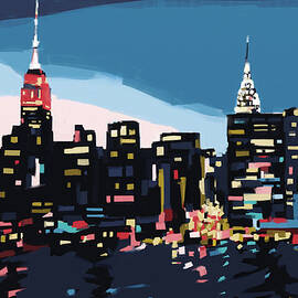 New York Skyline at Dusk in Navy Blue Teal and Pink by Beverly Brown