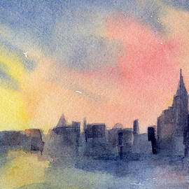 New York Skyline Pink and Yellow Watercolor Painting of NYC by Beverly Brown