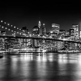 Night Skyline MANHATTAN Brooklyn Bridge bw by Melanie Viola