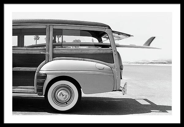 Old Woodie Station Wagon With Surfboard Framed Print