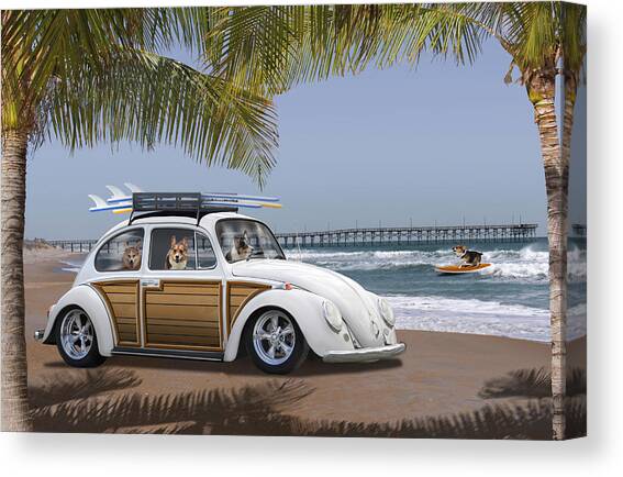 Postcards from Otis - Beach Corgis Canvas Art Print by Mike McGlothlen