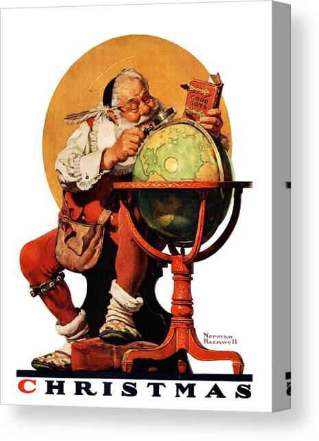 Santa At The Globe Canvas Art Print by Norman Rockwell