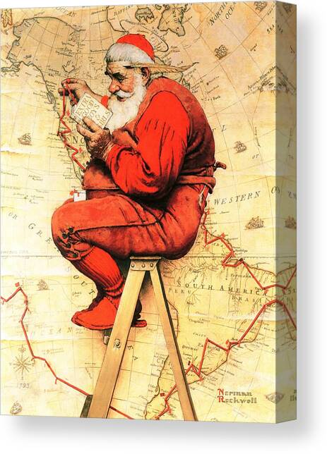 Santa At The Map Canvas Art Print by Norman Rockwell