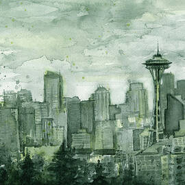 Seattle Skyline Watercolor Space Needle by Olga Shvartsur