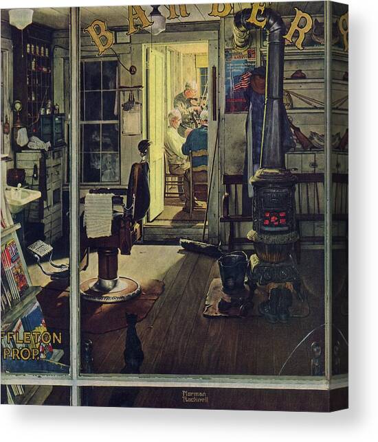 Shuffleton's Barbershop Canvas Art Print by Norman Rockwell