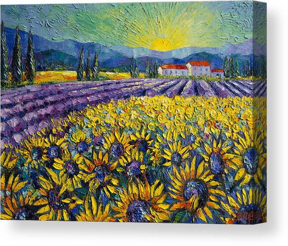 SUNFLOWERS AND LAVENDER FIELD - THE COLORS OF PROVENCE Modern Impressionist Palette Knife Painting Canvas Art Print by Mona Edulesco