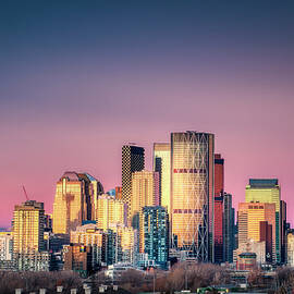 Sunrise Over Calgary Skyline - Skyscrapers in Golden Morning Light by Yves Gagnon