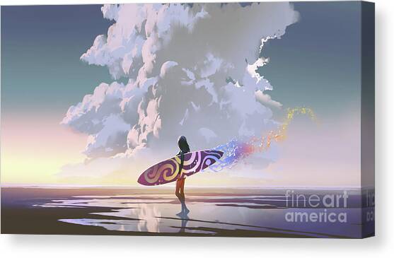 Surfer girl with magic surfboard Canvas Art Print by Tithi Luadthong