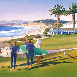 Surfers Gathering at Del Mar Beach by Mary Helmreich