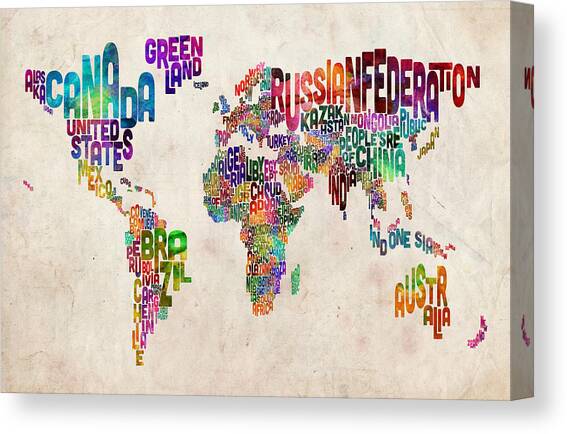Text Map of the World Canvas Art Print by Michael Tompsett